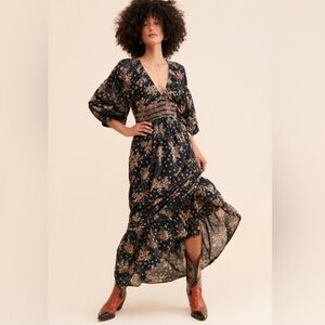 Free People Golden Hour Maxi Dress Size Small Black Floral
